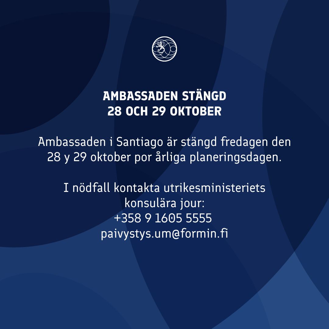 Durante hoy y mañana la Embajada estará cerrada por nuestra jornada anual de planificación. 

En una situación de emergencia, por favor, contactar a servicio de turno del Ministerio de Asuntos Exteriores.