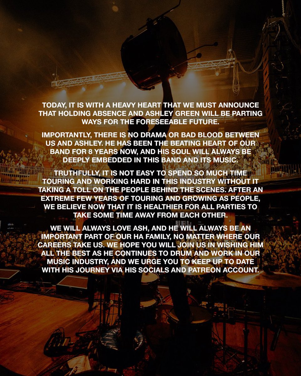 HoldingAbsence's tweet image. **IMPORTANT ANNOUNCEMENT - PLEASE READ**

Today, it is with a heavy heart that we must announce that Holding Absence and Ashley Green will be parting ways for the foreseeable future.

…