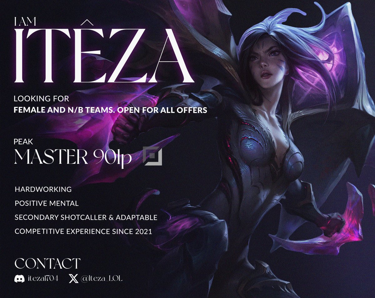 Iteza_LOL's tweet photo. After some time of focusing on myself and individual training sessions with @EsportsPlayerF1 , I am happy to announce that I am looking for a team again! 

References: @RdHausFoX 

Contact via DMs or on Discord!
Likes &amp; RTs always appreciated! 🫶 https://t.co/29T490n8gX