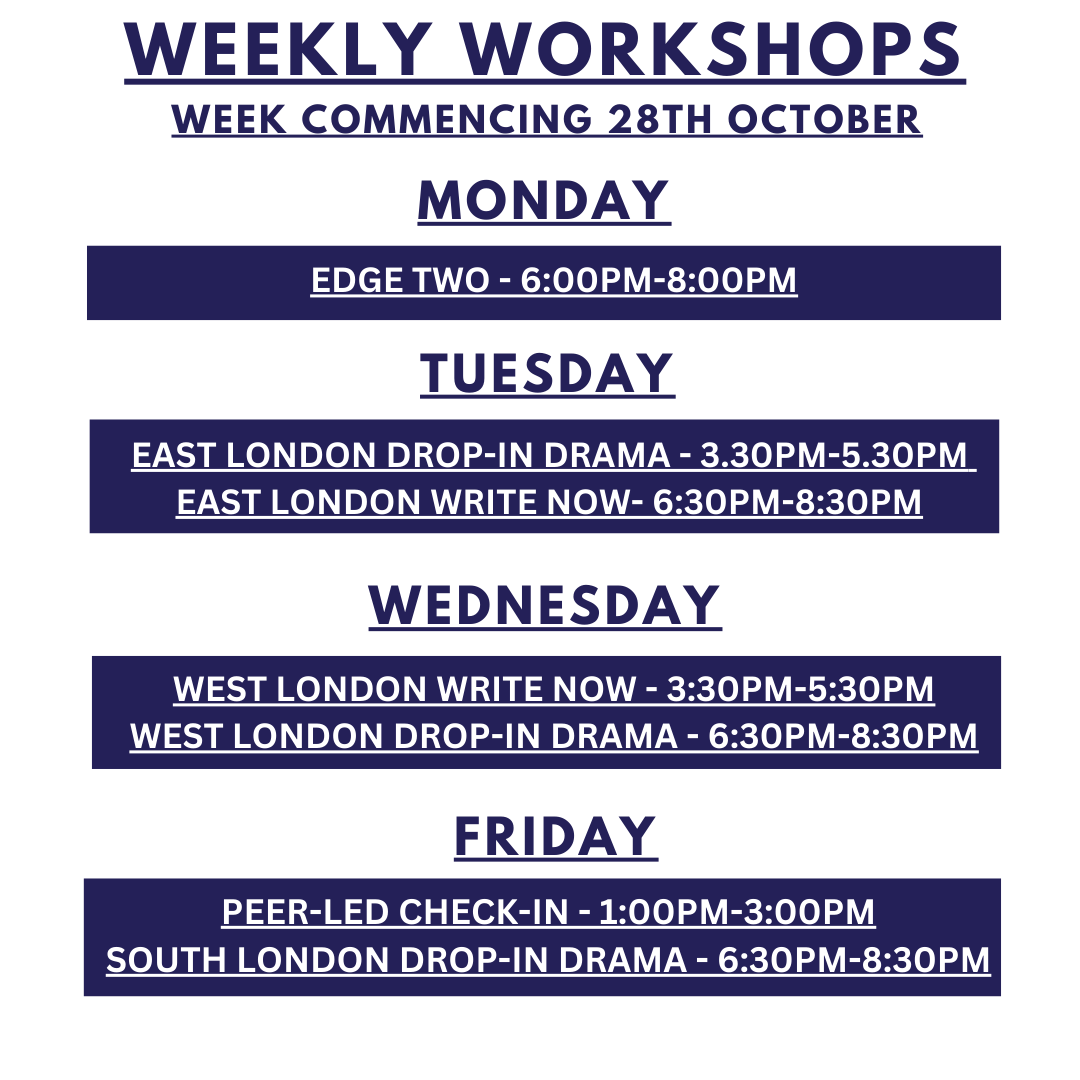 OutsideTheatre's tweet photo. OETC's schedule for w/c 28.10.24
New to OE? Sign up using the link in bio.
We'd be delighted to see you this week.
#TheatreWorkshops #LondonTheatre #PerformingRecovery #DramaClass #FreeActivity #AddictionSupport #SoberCommunity #Writingworkshop https://t.co/BrYIVQGzMK