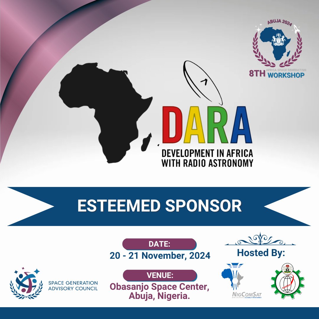 SGAC's tweet photo. We are Excited to announce DARA-Project as our ✨esteemed sponsor✨ for the 8th African Space Generation Workshop (AF-SGW) 2024! 🚀
https://t.co/Rt8HDpNWeH
#AFSGW2024 #CapacityBuilding #SustainableDevelopment #DARAProject #AfricaSpaceIndustry https://t.co/4RwfbdExQE