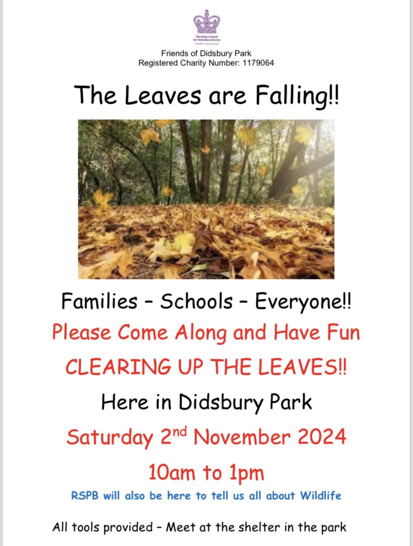 Join us in the park this Sat 2 Nov any time between 10am - 1pm to help us clear the leaves 🍂 All are welcome and all tools &amp; equipment will be provided. We will be joined by <a href="/Natures_Voice/">RSPB</a>