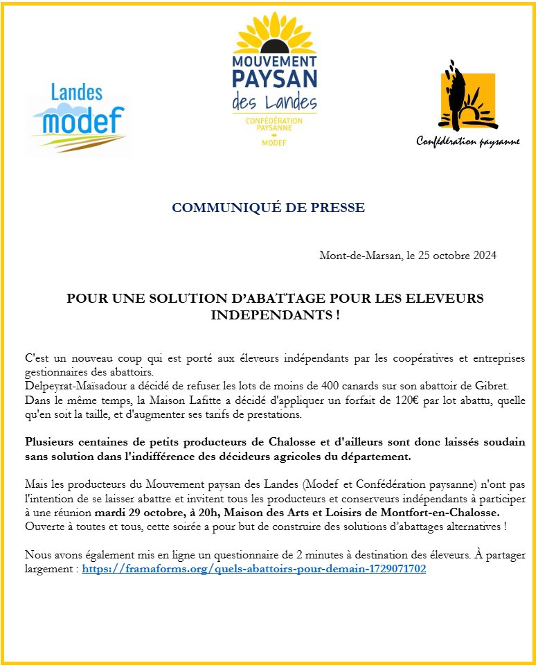 media_40's tweet photo. #MontfortEnChalosse #Landes Réunion de crise demain (20H) à la Maison des Arts [ voir communiqué ]. Le "Mouvement Paysan" dénonce que Delpeyrat Gibret déciderait de refuser les lots de -400 canards tandis que #LafitteFoieGras mettrait un forfait par lots et des hausses de tarifs! https://t.co/6v4E6AATba