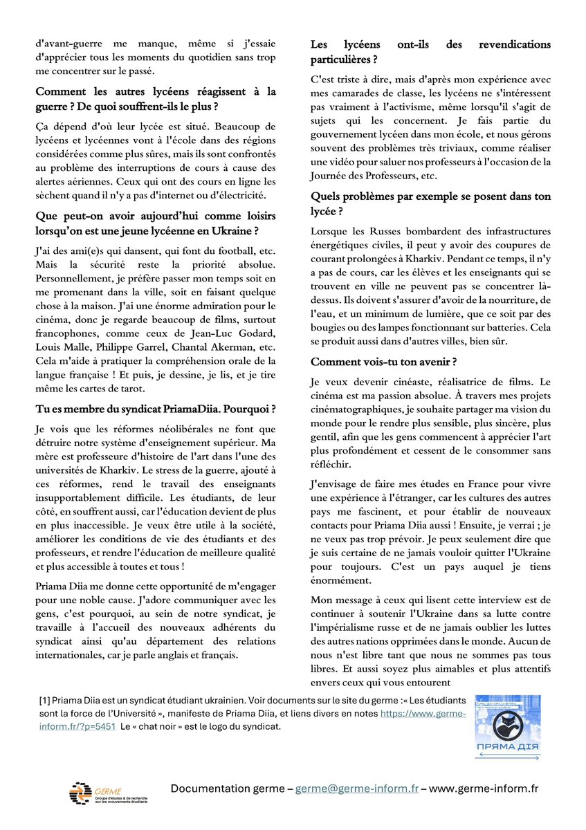 Germe (@germeinform) on Twitter photo Document: "Une lycéenne ukrainienne dans la guerre", interview de Varvara.
<a href="/ESUtwt/">European Students' Union (ESU)</a> <a href="/PriamaDiia/">Пряма дія | Direct Action</a> <a href="/MNL_National/">MNL - National</a> <a href="/FIDLnational/">📣 FIDL, le syndicat lycéen</a> <a href="/USLSyndicat/">Union Syndicale Lycéenne | USL</a> <a href="/ManesNadel/">Manès Nadel</a> <a href="/La_FAGE/">FAGE</a> <a href="/unef/">UNEF</a> <a href="/unionetudiante_/">L’Union Étudiante</a> <a href="/SolidairesEtu/">Solidaires étudiant-e-s</a> <a href="/groza_media/">«Гроза»</a> <a href="/RevesJeunes/">Reves Jeunes</a> Document: "Une lycéenne ukrainienne dans la guerre", interview de Varvara.
<a href="/ESUtwt/">European Students' Union (ESU)</a> <a href="/PriamaDiia/">Пряма дія | Direct Action</a> <a href="/MNL_National/">MNL - National</a> <a href="/FIDLnational/">📣 FIDL, le syndicat lycéen</a> <a href="/USLSyndicat/">Union Syndicale Lycéenne | USL</a> <a href="/ManesNadel/">Manès Nadel</a> <a href="/La_FAGE/">FAGE</a> <a href="/unef/">UNEF</a> <a href="/unionetudiante_/">L’Union Étudiante</a> <a href="/SolidairesEtu/">Solidaires étudiant-e-s</a> <a href="/groza_media/">«Гроза»</a> <a href="/RevesJeunes/">Reves Jeunes</a>