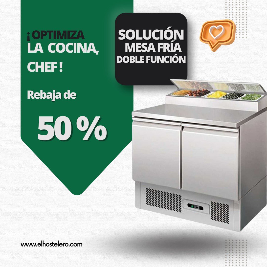 💥 Oferta de esta magnífica mesa refrigerada en la que podrás refrigerar alimentos dentro de sus puertas, trabajar en su encimera y disponer de ingredientes frescos de forma accesoria a la encimera de trabajo. 
#elhostelero #mesafria #mesarefrigerada #maquinariadehosteleria