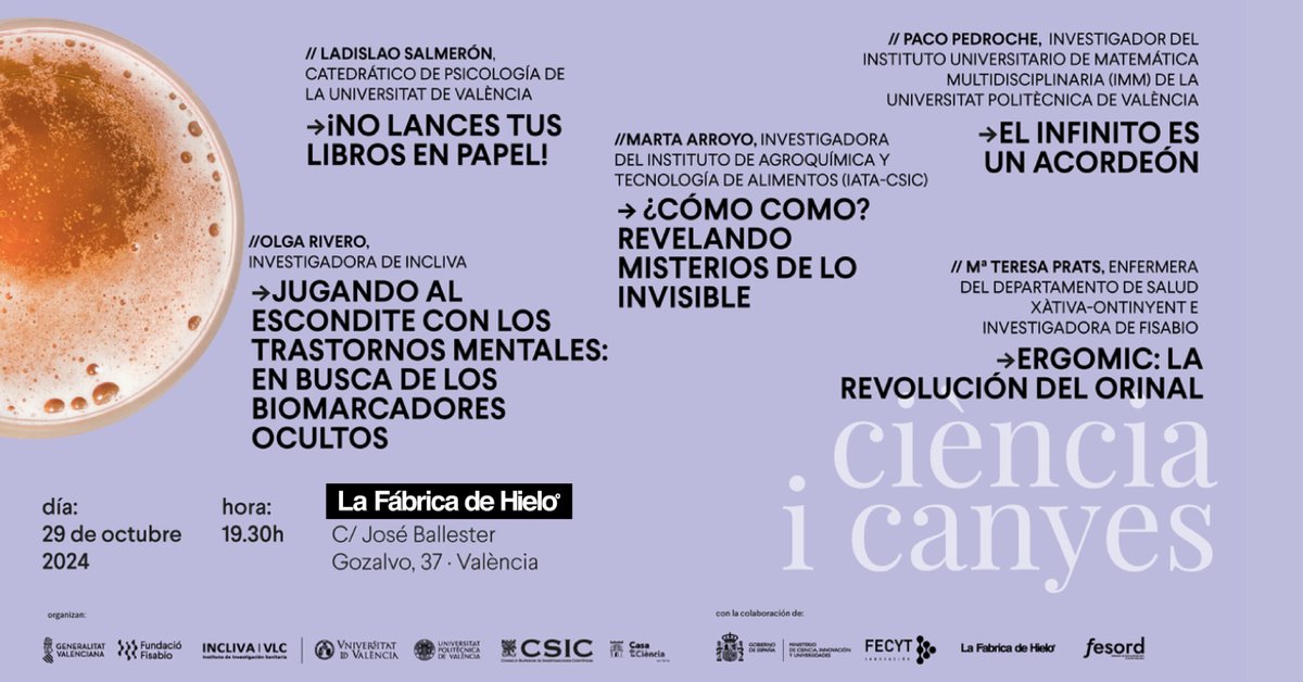 CSICdivulga's tweet photo. El martes 29 de octubre, a las 19:30h, nueva sesión de 'Ciencia y Cañas' en la Fábrica de Hielo de Valencia, con entrada libre. Marta Arroyo, investigadora del @iata_csic, ofrecerá la charla titulada '¿Cómo como? Revelando Misterios de lo Invisible' ➡️ https://t.co/pDUoL0xCmd https://t.co/ozWVYqHcLz