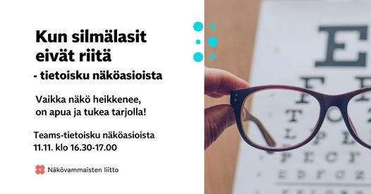 NKLry's tweet photo. Oletko saanut hiljattain näkövammadiagnoosin? Näkemisen ammattilaiset kertovat, millaista tukea tarjoamme. Ilmoittaudu webinaariin viimeistään 11.11. klo 16. 👉🏻
https://t.co/qOjiGLtWbf https://t.co/ed729k63mx