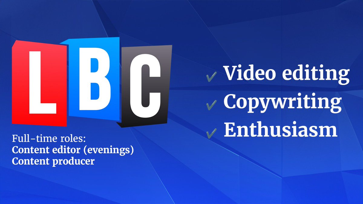 James Perkins (@jamespkns) on Twitter photo Full-time jobs going in the <a href="/LBC/">LBC</a> social team.
Content producer is a uni grad position (or ~a year in the industry).
Content editor is for someone more experienced (or an outstanding and ambitious entry level candidate).
1️⃣ jobs.global.com/gb/en/job/R000…
2️⃣ jobs.global.com/gb/en/job/R000… Full-time jobs going in the <a href="/LBC/">LBC</a> social team.
Content producer is a uni grad position (or ~a year in the industry).
Content editor is for someone more experienced (or an outstanding and ambitious entry level candidate).
1️⃣ jobs.global.com/gb/en/job/R000…
2️⃣ jobs.global.com/gb/en/job/R000…