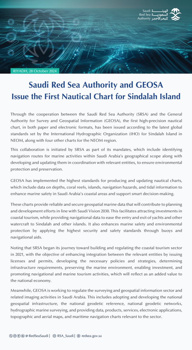 RedSeaSaudi's tweet photo. #PressRelease 📃| #SaudiRedSeaAuthority and #GEOSA, issue the first nautical chart for Sindalah island https://t.co/pNcFCJeJTy