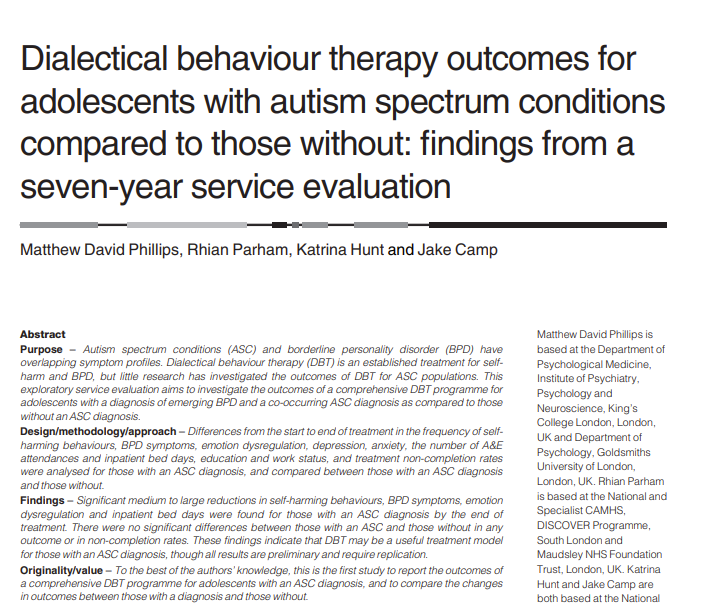 Check our article investigating the treatment outcomes of a comprehensive (non-adapted) DBT programme for adolescents with co-occurring emerging BPD and ASC diagnoses: emerald.com/insight/conten…
<a href="/VerityChester/">Verity Chester</a>