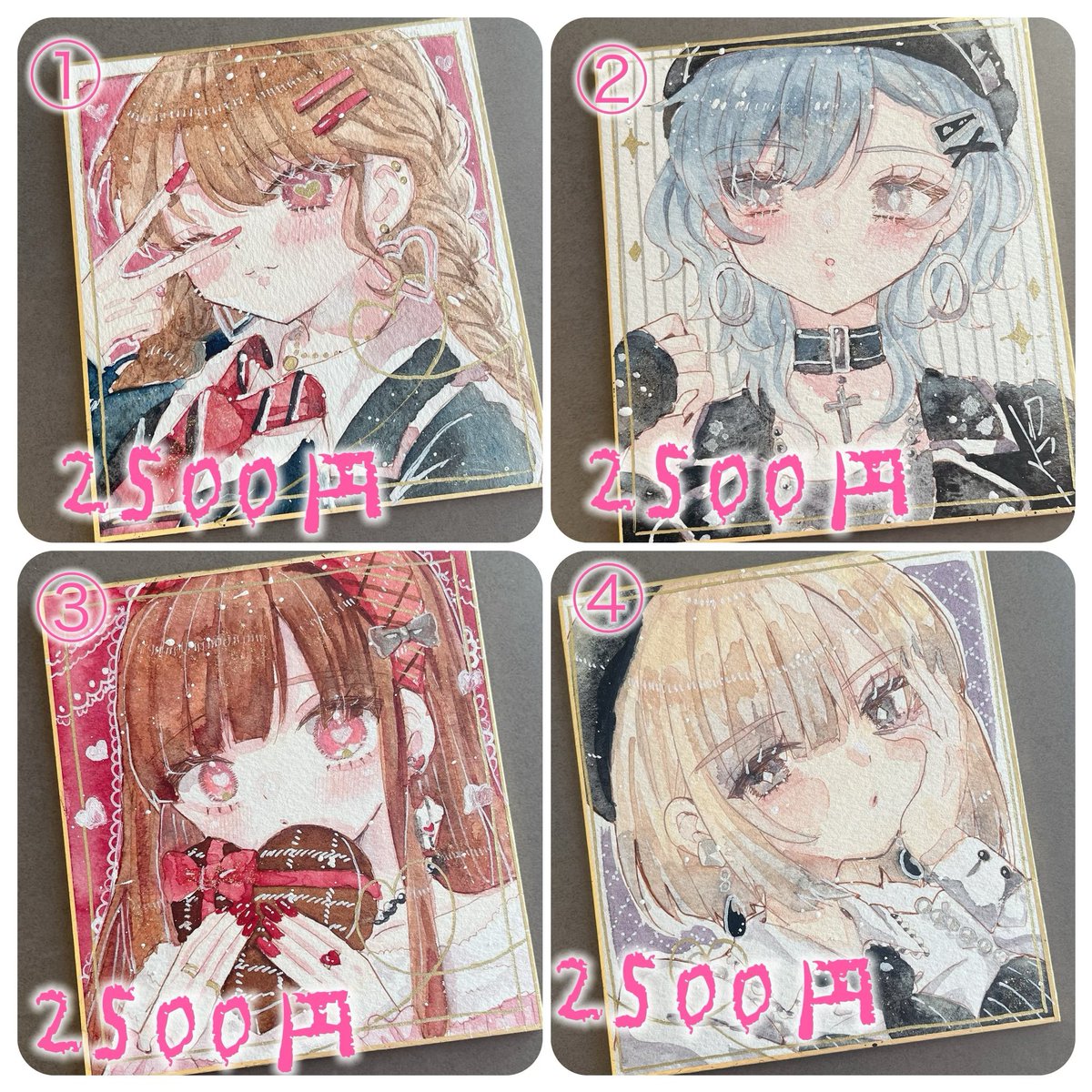 1枚目がドローイング(500円)
2、3枚目が主に色紙の原画です〜(2500〜6000円) 