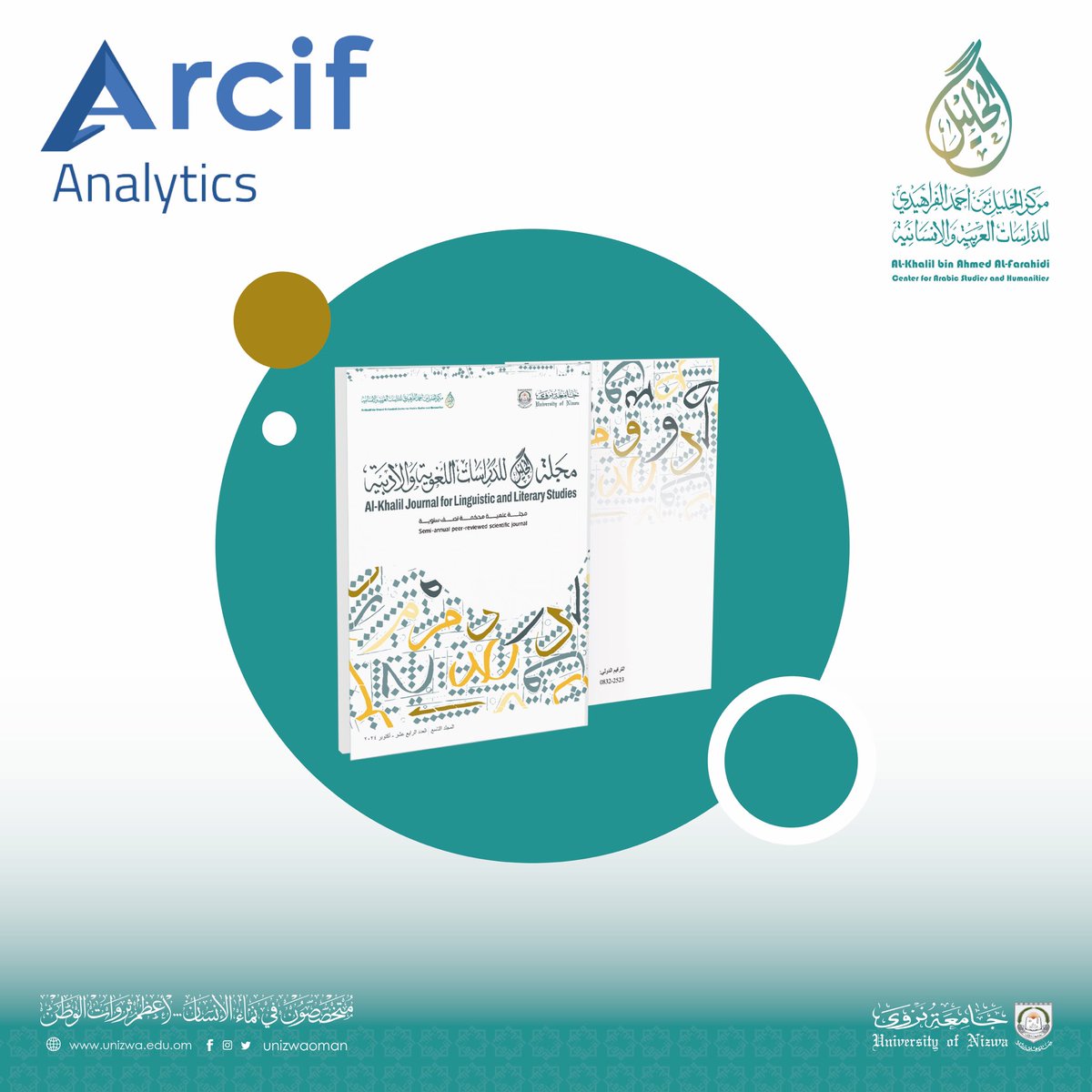 unizwaoman's tweet photo. معامل التأثير والاستشهادات المرجعية العربي "أرسيف Arcif"، تعتمد مجلة جامعة نزوى للدراسات اللغوية والأدبية "الخليل"؛ لتوافقها مع المعايير العالمية البالغ عددها (32) معيارا.

يأتي هذا الإنجاز ضمن تقرير "أرسيف Arcif" السنوي التاسع للمجلات للعام 2024م، الذي أطلقه معامل التأثير والاستشهادات المرجعية للمجلات العلمية العربية.

معامل "أرسيف Arcif" يخضع لإشراف مكتب اليونيسكو الإقليمي للتربية في الدول العربية، ولجنة الأمم المتحدة لغرب آسيا (الإسكوا)، ومكتبة الإسكندرية، وقاعدة بيانات معرفة.

We are immensely proud to announce that the Al-Khalil Journal for Linguistic and Literary Studies has been recognized by the prestigious “Arab Citation & Impact Factor” (Arcif) as a semi-annual, peer-reviewed scientific journal, meeting 32 global standards! This incredible achievement, part of Arcif’s 2024 report, underscores our commitment to excellence in Arab academic publishing. #ProudMoment #AcademicExcellence #Arcif

تغطية @OmanNewsAgency للإنجاز:
https://t.co/vDUKaxv1L3