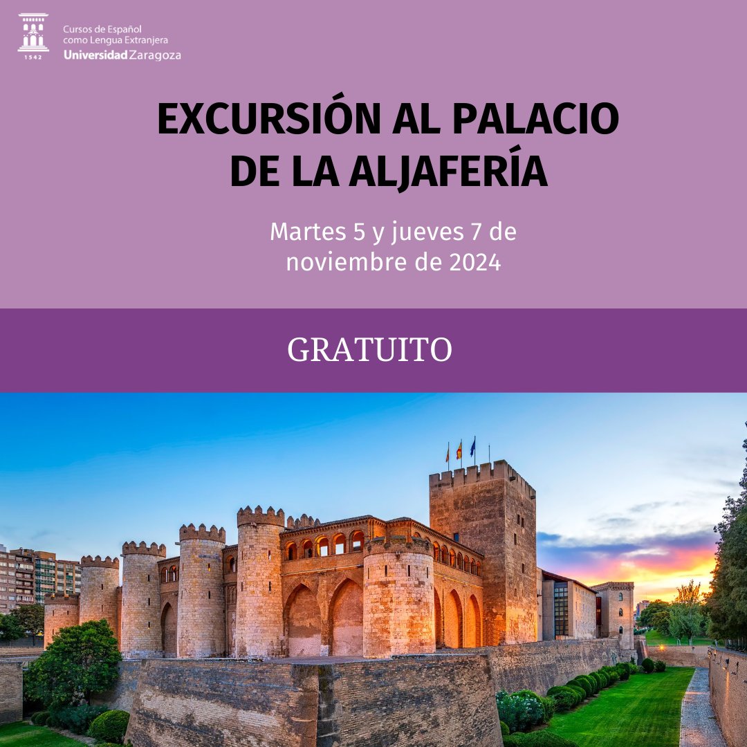 ¡Nos vamos de excursión a el Palacio de la Aljafería! 🏰

El martes 5 y jueves 7 de noviembre los estudiantes de los Cursos de Ele visitaran... ¡El palacio mudéjar más al norte del Europa! 

Una excursión gratuita para nuestros estudiantes. Os dejamos fechas y horarios. 👇