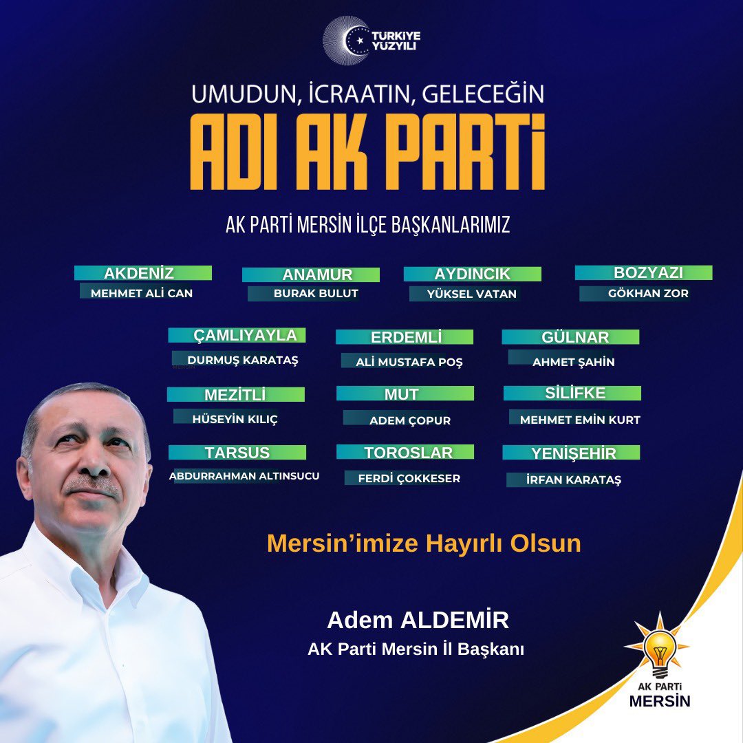 ytezcan33's tweet photo. #Mersin #AkParti
Yeni seçilen tüm ilçe başkanlarımızı ve yönetimlerini tebrik ediyorum, başarılar diliyorum. https://t.co/laEVV0oHbg