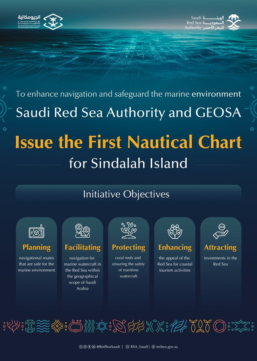 RedSeaSaudi's tweet photo. Toward building a sustainable coastal tourism sector, the #SaudiRedSeaAuthority and #GEOSA issue the first nautical chart for Sindalah Island to ensure safe navigation and protect the environment according to the latest global standards https://t.co/vbuDtlAa8i