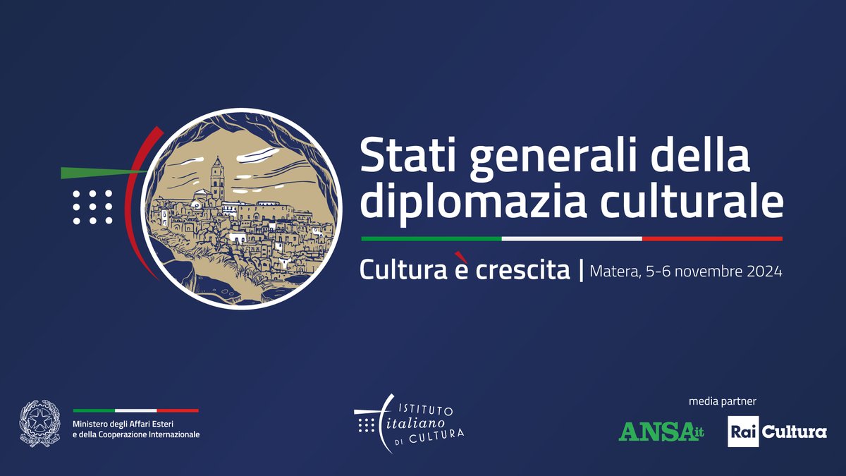 📍Italia potenza culturale, #diplomaziaculturale elemento centrale della politica estera italiana.
La #Farnesina promuove la lingua🇮🇹 e favorisce gli scambi culturali.

Segui gli #StatiGeneraliDiplomaziaCulturale il 5 e 6 novembre a Matera.
Perché la #culturaècrescita!