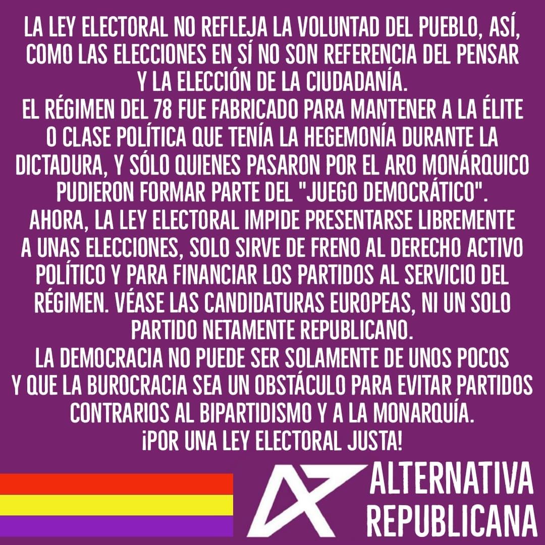 ALTER_info's tweet photo. En 1977 se prohibió a los partidos republicanos presentarse a las elecciones porque no querían republicanos entre los que iban a trasplantar las imposiciones del franquismo en la #C78, hoy después de "afinar" y barnizar, el sistema sigue igual. Por una #LeyElectoralJusta #R78 https://t.co/KjXeWsfXU1