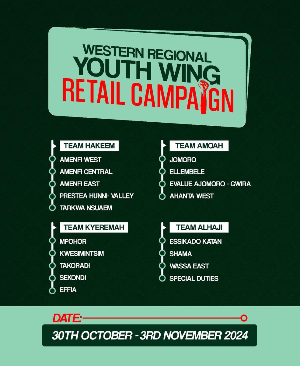 NDCWRYouthWing's tweet photo. Western Regional Youth Wing will embark on the massive retail campaigns across the region, starting from 30th October to 3rd November 2024.

Western Region will be completely Green in this year’s election.
#GreenArmy #iChooseTheUmbrella https://t.co/ypLOZQls4u