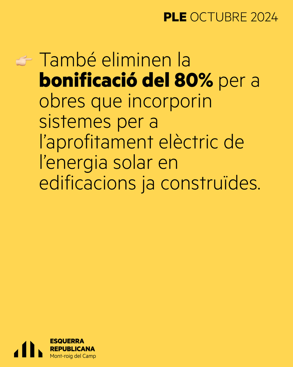 #PleOctubreERC | El més destacat (primera part) 👀

⚠️ Pujada d'impostos i eliminació de la bonificació de l’IBI i l’ICIO als habitatges que col·loquin plaques solars ⚠️

#ERC #EsquerraRepublicana #Montroig #Miami #CampdeTarragona #ERCMontroig #ERCMiami #AlCostatDeLaGent