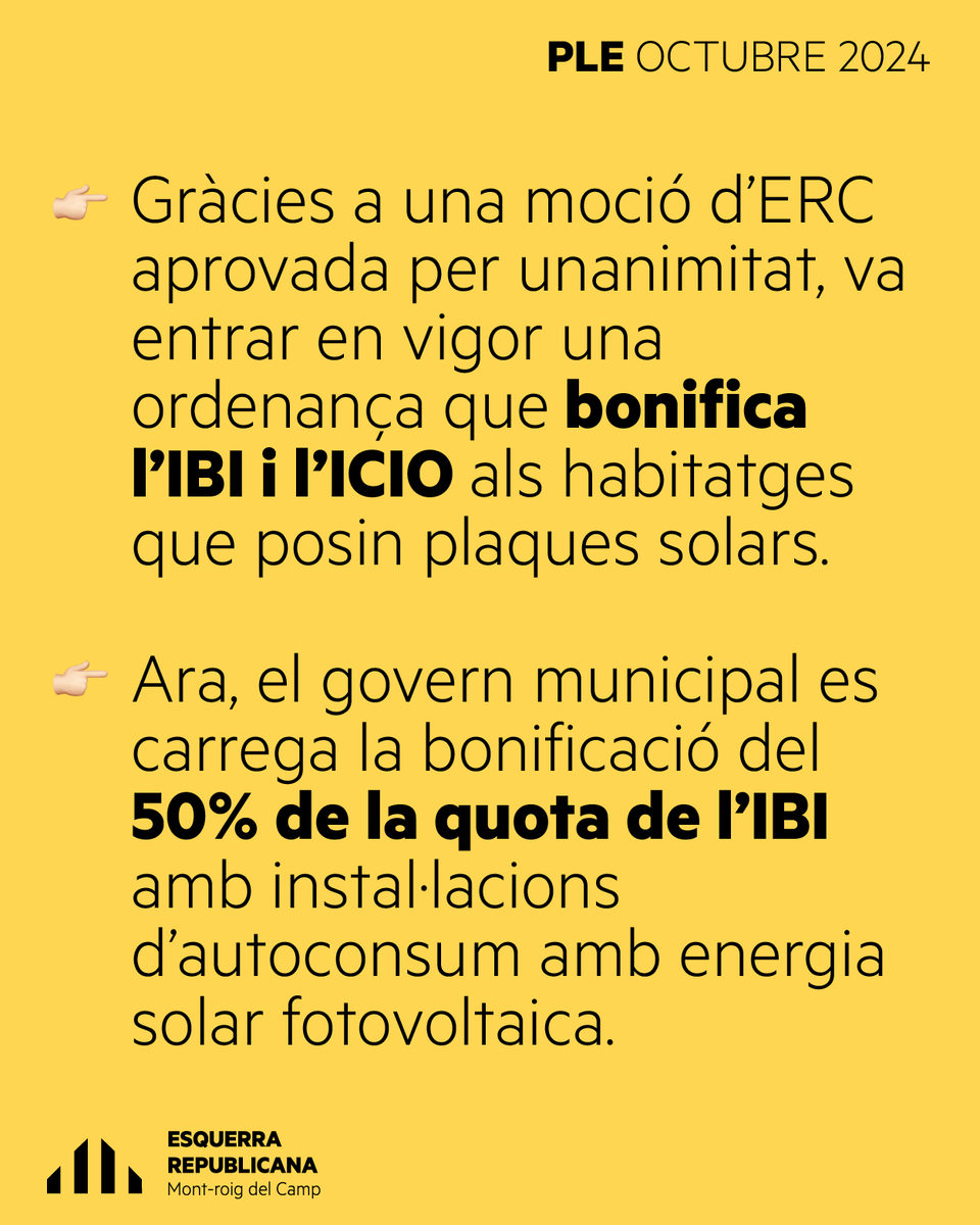 ercmontroigcamp's tweet photo. #PleOctubreERC | El més destacat (primera part) 👀

⚠️ Pujada d'impostos i eliminació de la bonificació de l’IBI i l’ICIO als habitatges que col·loquin plaques solars ⚠️

#ERC #EsquerraRepublicana #Montroig #Miami #CampdeTarragona #ERCMontroig #ERCMiami #AlCostatDeLaGent https://t.co/CeG2wiw8Ja