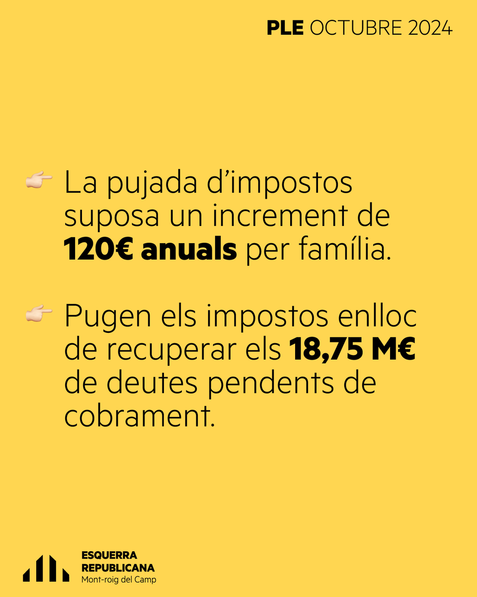 ercmontroigcamp's tweet photo. #PleOctubreERC | El més destacat (primera part) 👀

⚠️ Pujada d'impostos i eliminació de la bonificació de l’IBI i l’ICIO als habitatges que col·loquin plaques solars ⚠️

#ERC #EsquerraRepublicana #Montroig #Miami #CampdeTarragona #ERCMontroig #ERCMiami #AlCostatDeLaGent https://t.co/CeG2wiw8Ja