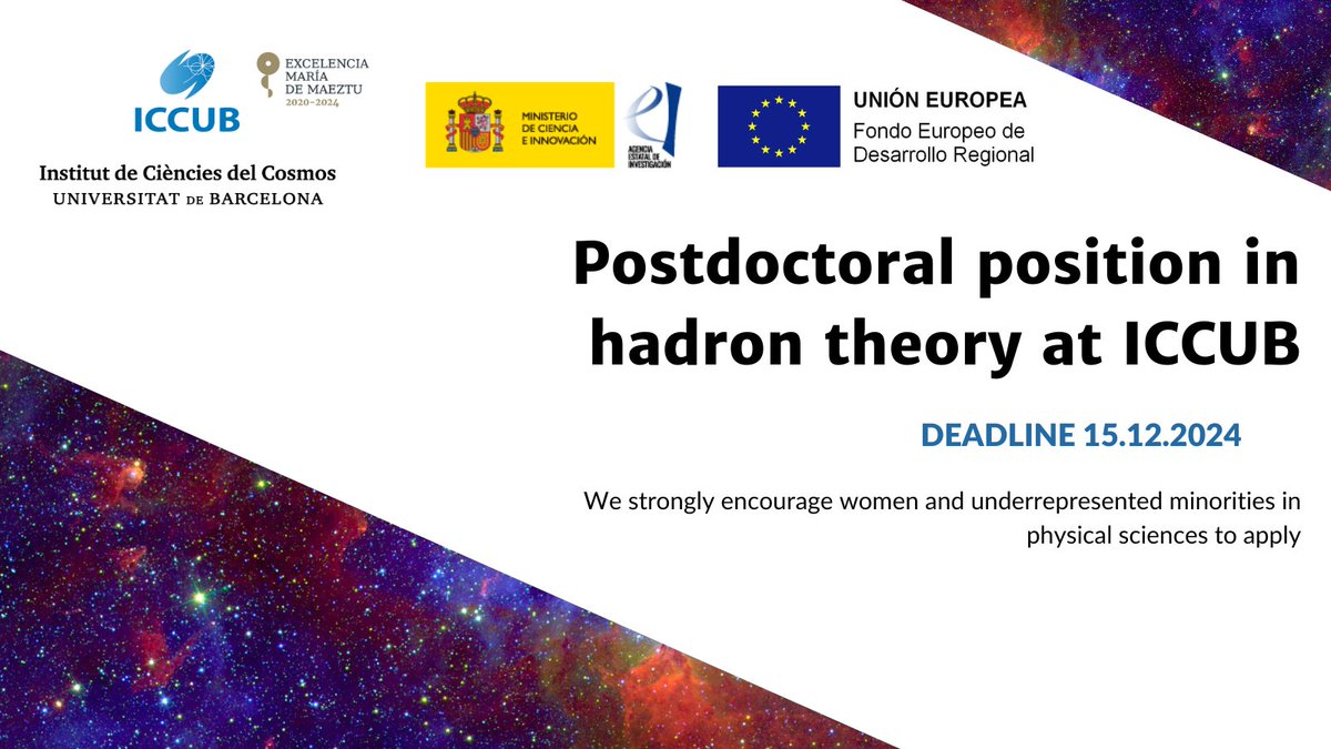 🔵 WE ARE HIRING!

⚛ The #ICCUB is looking for applicants for a Postdoctoral Fellowship in Hadron Theory to join our <a href="/HadNucAtUB/">HadNucAtUB</a> Group!

📅 Deadline: December 15th
Apply here👉lnkd.in/drFGyqjz

We strongly encourage #women and underrepresented #minorities to apply!