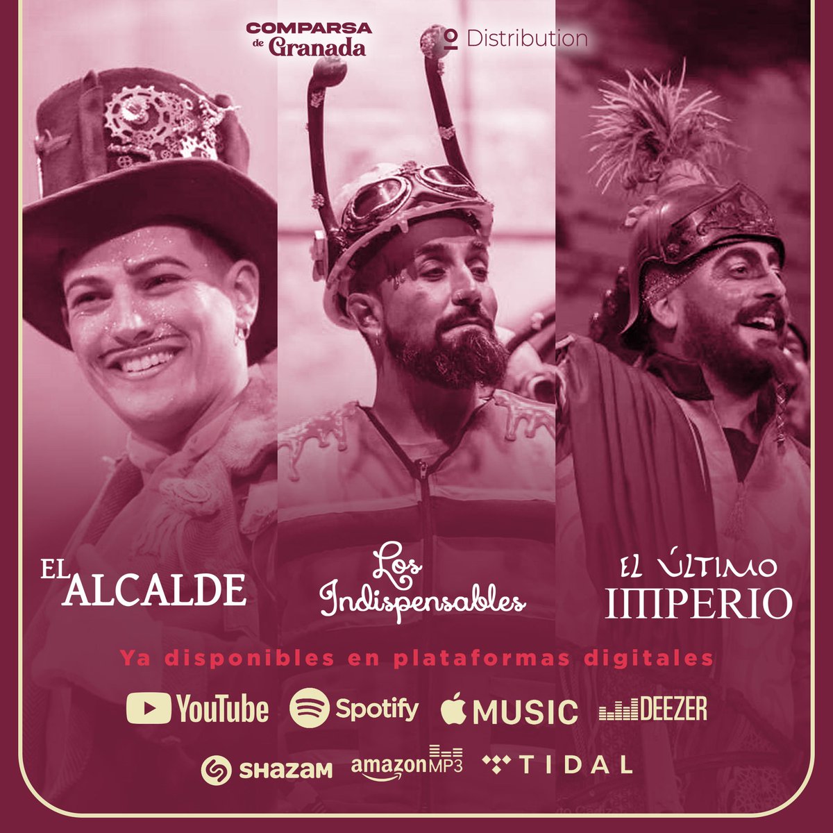 🤭 Llegó el momento, estábamos deseando contaros que desde hoy podéis encontrarnos en las plataformas digitales y escuchar los repertorios de #ElAlcalde, #LosIndispensables y #ElÚltimoImperio. 

La #ComparsadeGranada ahora también en Spotify o Apple Music, entre otras 🎶