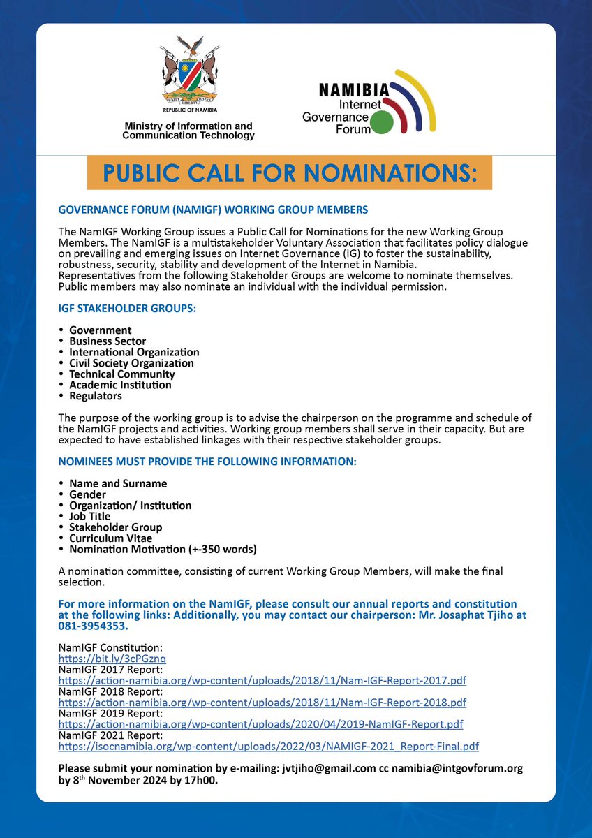 #NamIGF (@namibiaigf) on Twitter photo Public Call for Nominations
#NamIGF is calling on anyone interested to serve on its working group committees to apply!
<a href="/MICTNamibia/">MICT Namibia</a> <a href="/CRANamibia/">CRAN</a> <a href="/civic264/">Civil Society Information Centre Namibia</a> <a href="/MTCNamibia/">MTC Namibia</a> <a href="/NUST_Namibia/">My NUST</a> Public Call for Nominations
#NamIGF is calling on anyone interested to serve on its working group committees to apply!
<a href="/MICTNamibia/">MICT Namibia</a> <a href="/CRANamibia/">CRAN</a> <a href="/civic264/">Civil Society Information Centre Namibia</a> <a href="/MTCNamibia/">MTC Namibia</a> <a href="/NUST_Namibia/">My NUST</a>
