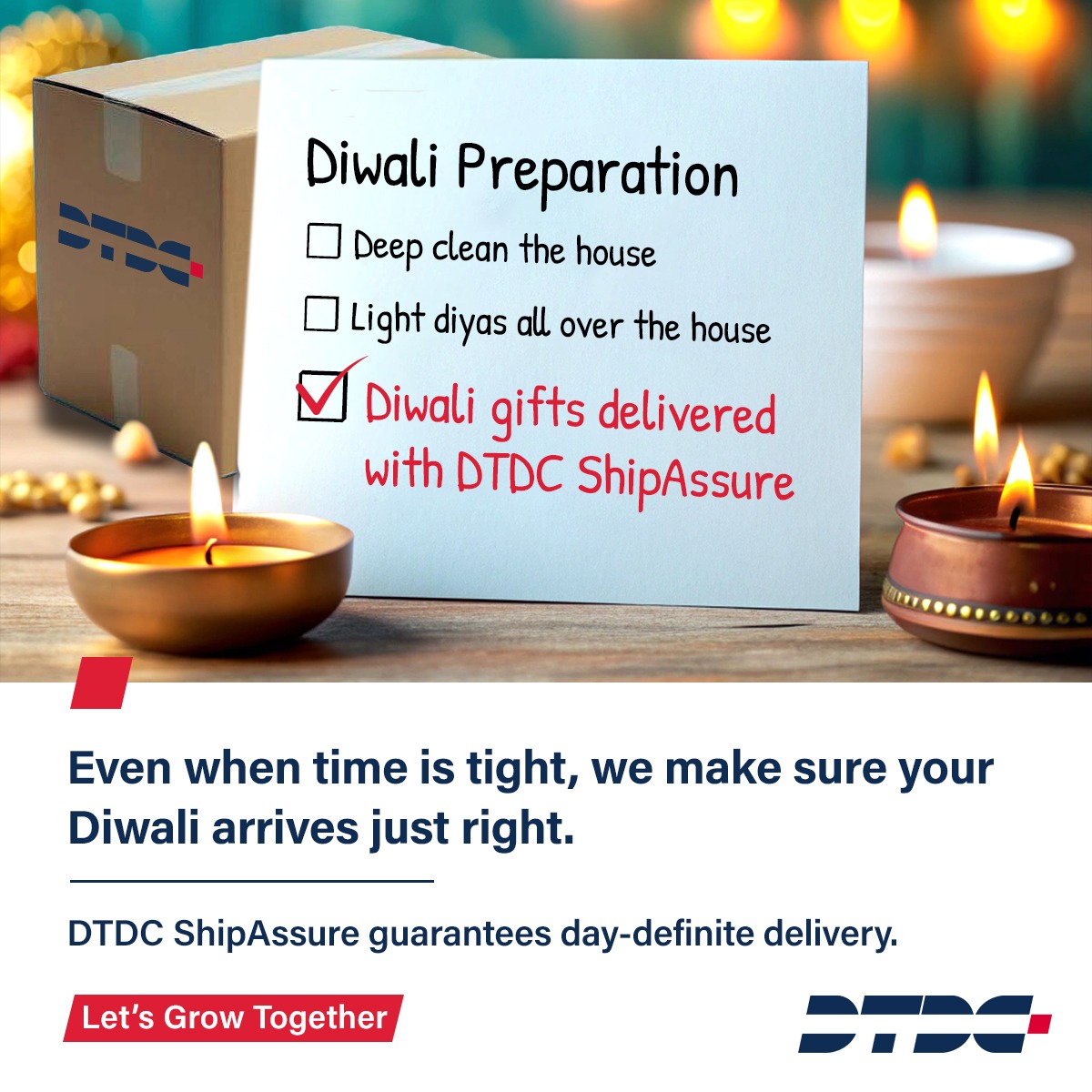 DTDCIndia's tweet photo. Your Diwali checklist just got easier. With DTDC ShipAssure, enjoy guaranteed on-time delivery for a worry-free celebration. 🪔
#HarDilKeDarwaazeTak #ShipAssure #FestiveDelivery #DTDC #Diwali2024 https://t.co/KuCiirG5Qq
