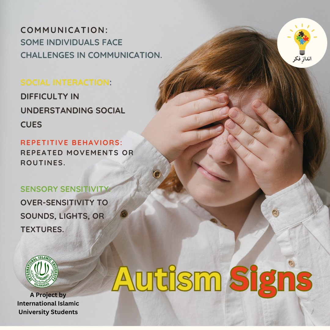 AndazeFikr's tweet photo. Autism is a spectrum that affects communication, behavior, and perception. Let’s raise awareness and promote inclusion! 💙#WhatIsAutism #AutismAwareness #InclusionMatters #IIU #AutismSupport #PakistanArmy #PakistanCricket https://t.co/QdCyQDjzGe