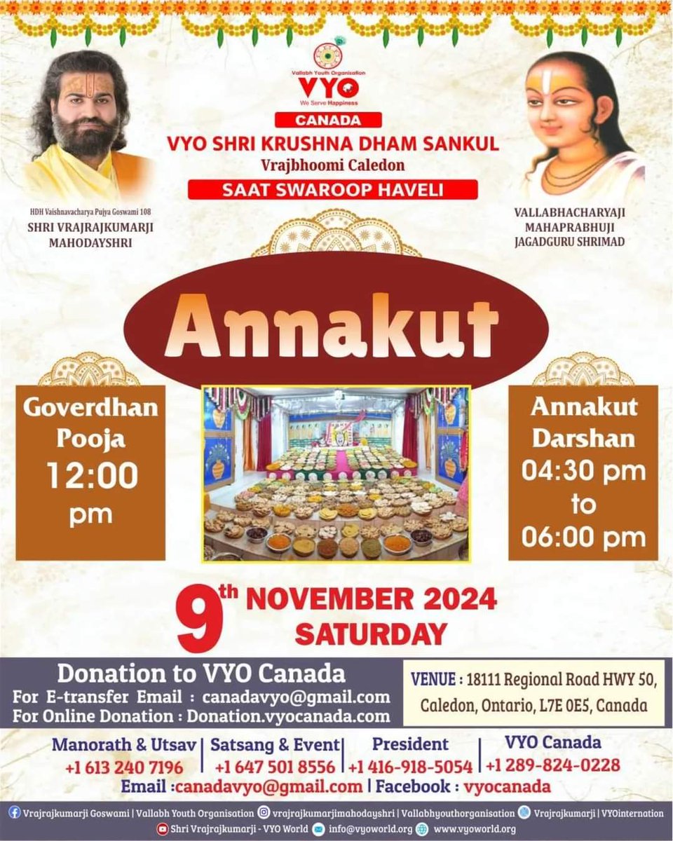 VYOinternation's tweet photo. VYO Shri Krushna Dham Sankul in Caledon, Canada, invites all to Rama Ekadashi, Dhan Teras, Roop Chaturdashi, Deepawali, Nutan Varsh, Annakut Mahotsav, Tulsi Vivah &amp; Shri @Vrajrajkumarji1 Mahodayshri's janamdin celebration.

#krishna #shrinathji #diwali #annakut #vrajrajkumarji https://t.co/eZTT6rdZ3W