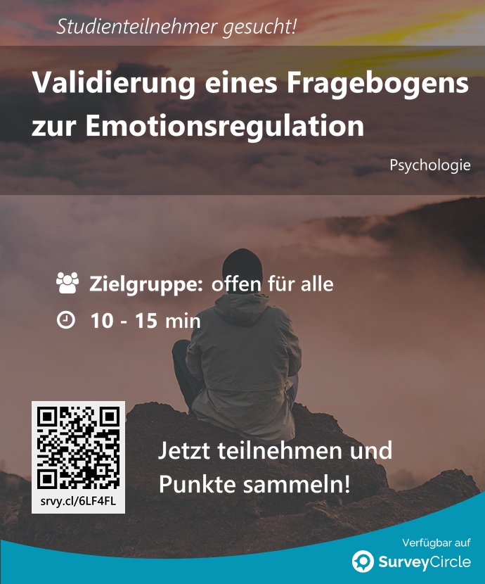 top_studies's tweet image. Teilnehmer gesucht für top-platzierte Online-Studie:

&quot;Validierung eines Fragebogens zur Emotionsregulation&quot; surveycircle.com/6LF4FL/ via @SurveyCircle #uni_mr

#emotionsregulation #validierung #DeutscheVersion #ceri #emotionen