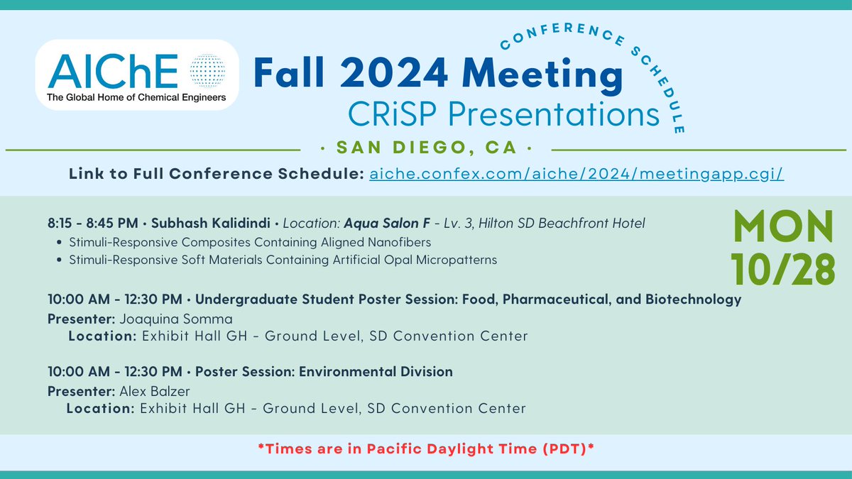 🗓️ Here is the schedule of talks and posters at the AIChE - American Institute of Chemical Engineers Annual Meeting for Monday 10/28:

🔊 Check out talks from Subhash Kalidindi, PhD starting at 8:15!

📃 Stop by posters from Alex H. Balzer, Ph.D. and Joaquina Somma!

#AIChE2024