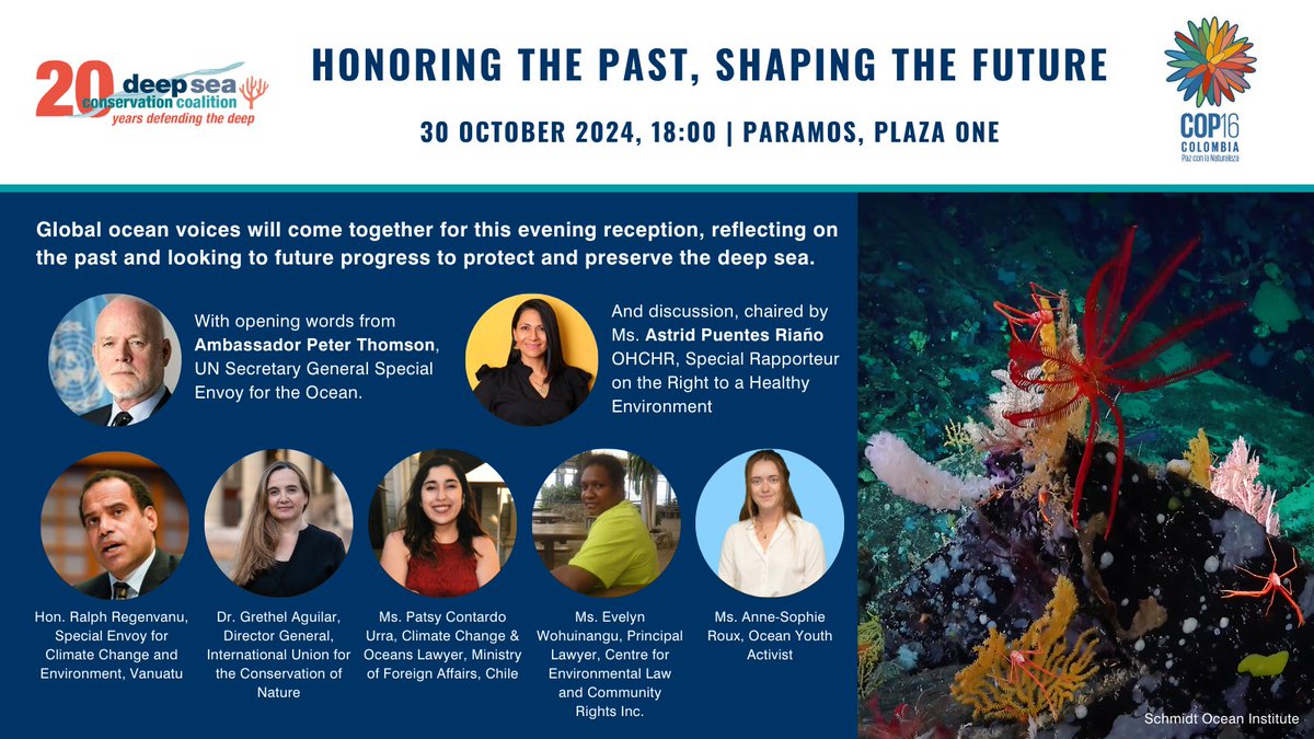 🗓️Join us at #COP16Colombia to mark 20 years since COP7’s call to protect #DeepSea ecosystems! Ocean leaders will share insights, celebrate progress, &amp; rally for the full implementation of commitments to #DefendTheDeep 

<a href="/RRegenvanu/">Ralph Regenvanu</a> <a href="/ThomsonFiji/">Peter Thomson</a> @ansroux_ <a href="/astridpuentes/">Astrid Puentes Riaño</a>