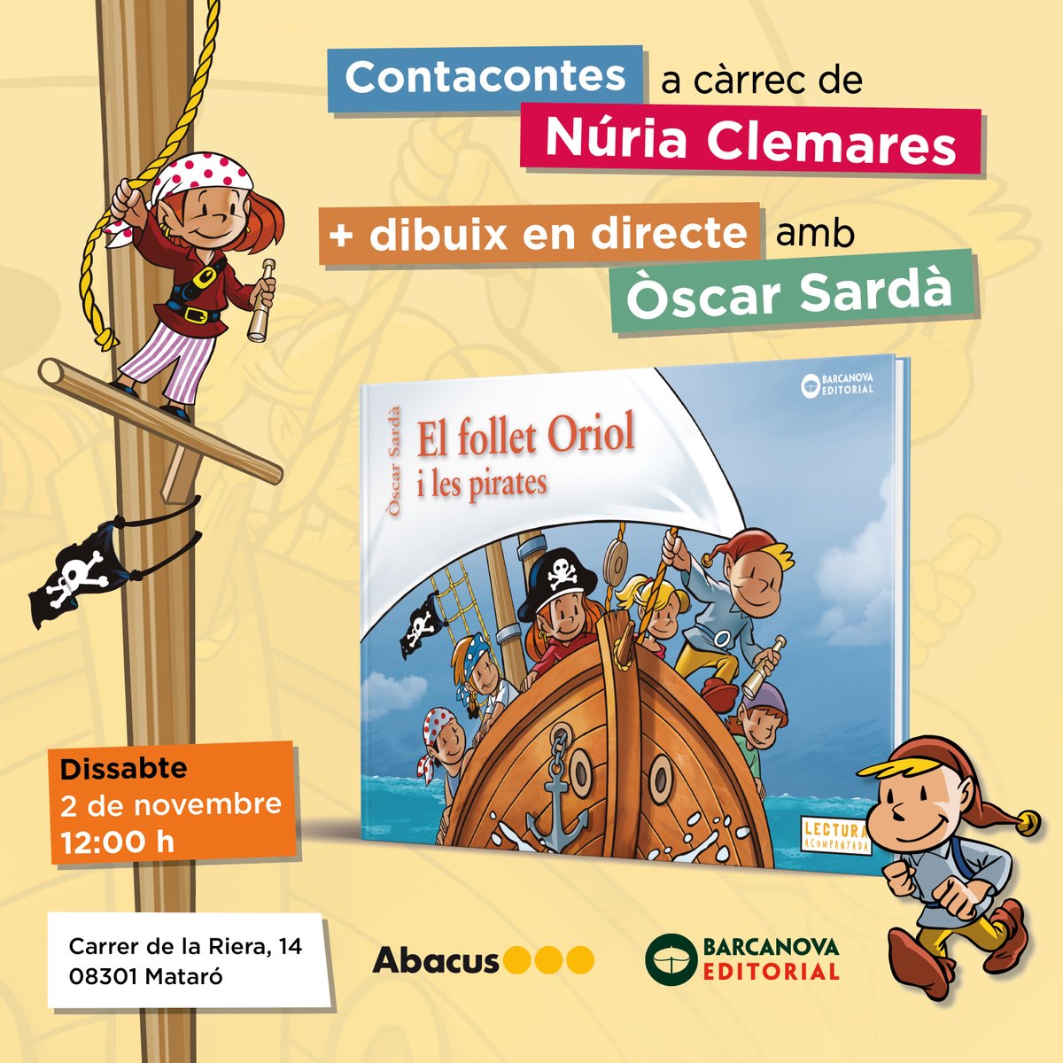 🟡 Contacontes amb el "Follet Oriol"

Vine a escoltar les emocionants aventures del follet Oriol, explicades per <a href="/NClemares/">NúriaClemares</a>. L'autor del llibre, l'<a href="/artoscarsarda/">oscar sarda guardia</a>, resoldrà totes les vostres preguntes i dibuixarà en directe.
Edat recomanada: + 3

Abacus Mataró
dissabte, 2/11
12 h