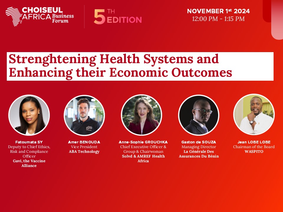 ChoiseulAfrica's tweet photo. Découvrez le panel « Renforcer les systèmes de santé et dynamiser leurs retombées économiques » au #CABF2024 ! 🌍💉

Nos intervenants échangeront sur la collaboration entre secteur privé et gouvernements pour améliorer les infrastructures et services de santé en Afrique :
🔹 Fatoumata SY, @gavi_fr  
🔹 @AmerBenouda , @ABATECHNOLOGY1 
🔹 Anne-Sophie Grouchka (@as_souhaite), @AmrefTraining  
🔹 Gaston de Souza, La Générale Des Assurances Du Bénin
🔹 Jean Lobe Lobe (@BOSSHEPTIC), @waspito1 

📅 RDV vendredi de 12h00 à 13h15, salle Toubakal
___________________

Find out more about the ‘Strengthening healthcare systems and boosting their economic impact’ panel at #CABF2024! 🌍💉

Our speakers will discuss how the private sector and governments can work together to improve healthcare infrastructure and services in Africa :
🔹 Fatoumata SY, @gavi_fr  
🔹 @AmerBenouda , @ABATECHNOLOGY1 
🔹 Anne-Sophie Grouchka (@as_souhaite), @AmrefTraining  
🔹 Gaston de Souza, La Générale Des Assurances Du Bénin
🔹 Jean Lobe Lobe (@BOSSHEPTIC), @waspito1 

📅 RDV Friday from 12:00 to 13:15, salle Toubakal