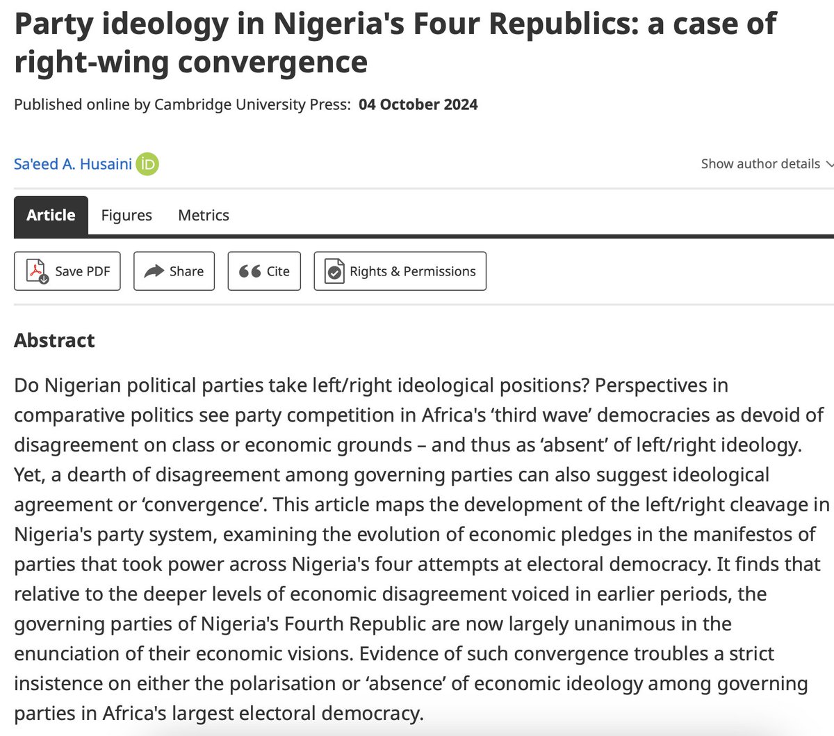Yung Alh. Cde. Dr. (@saeeduh) on Twitter photo Glad to share my article “Party ideology in Nigeria's Four Republics” published in <a href="/jmodafstudies/">Journal of Modern African Studies</a>.
I find that the left/right economic spectrum remains *very* relevant in Nigerian party politics, even if it has evolved since independence. Open Access.
cambridge.org/core/journals/… Glad to share my article “Party ideology in Nigeria's Four Republics” published in <a href="/jmodafstudies/">Journal of Modern African Studies</a>.
I find that the left/right economic spectrum remains *very* relevant in Nigerian party politics, even if it has evolved since independence. Open Access.
cambridge.org/core/journals/…