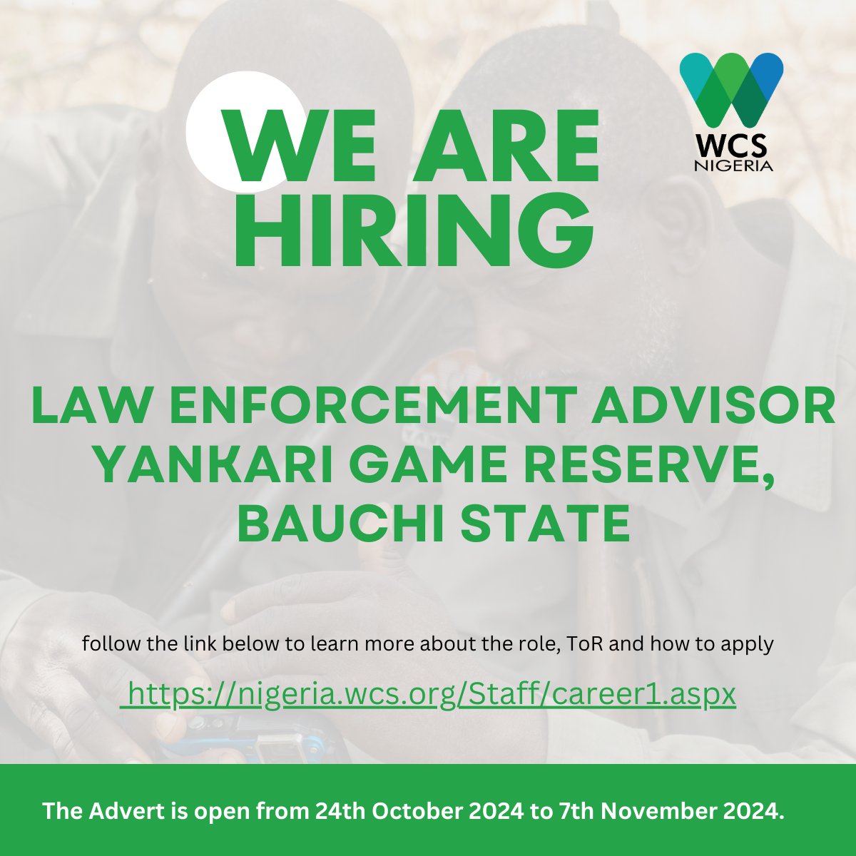📢📢📢We are hiring! Here is an exciting opportunity to join us! follow the link below to learn more about the role, ToR and how to apply.  

 nigeria.wcs.org/Staff/career1.…

#conservation #Jobs #Lawenforcement #Yankari