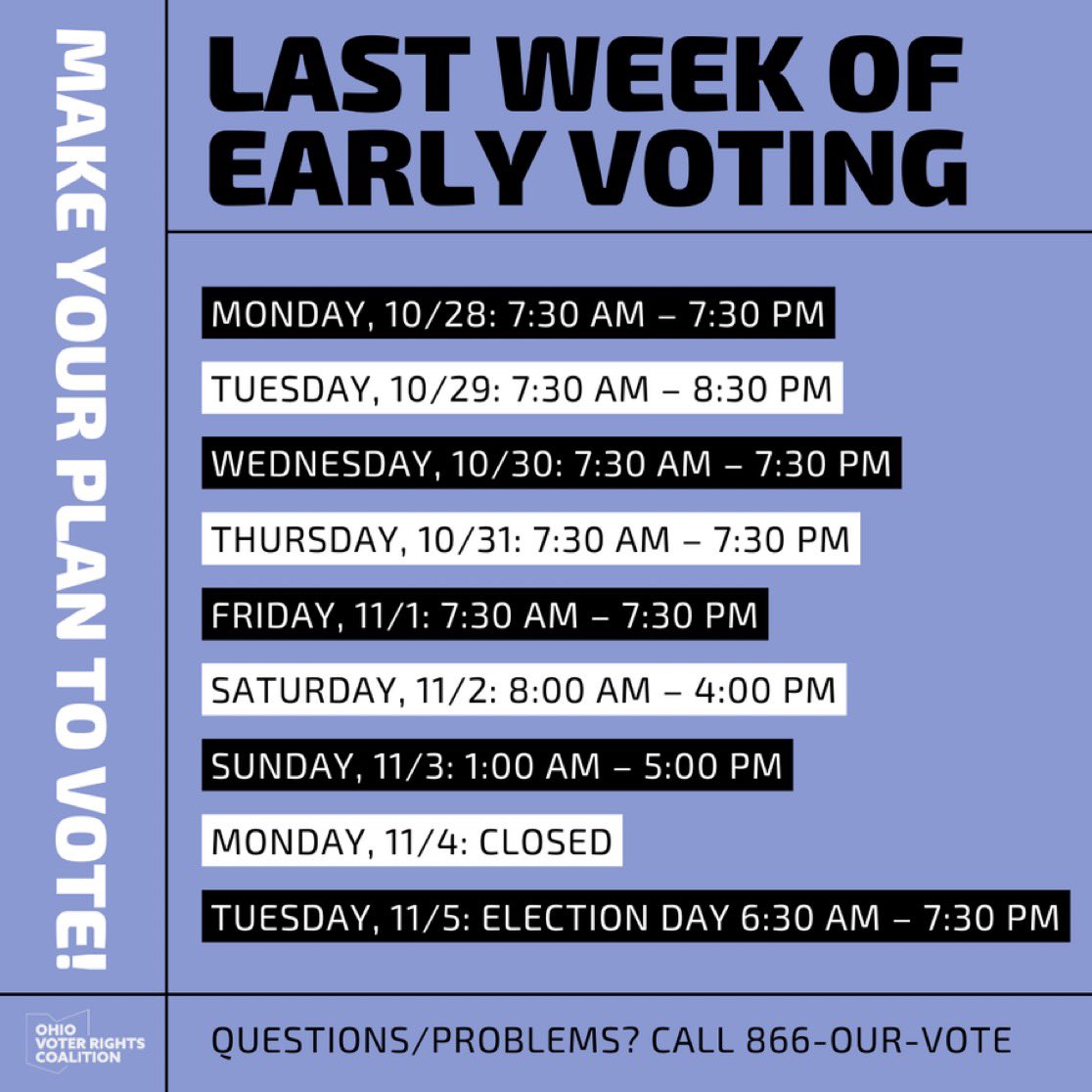 RealTamie's tweet photo. We're in the last week of early voting! Remember that November 5 is the LAST chance for you to vote. 

Early voting with extended hours continues through Sunday, so make sure you have a plan to make your vote count this year! 

Questions or problems? 
Call 866-OUR-VOTE https://t.co/6GlOUxrrtn
