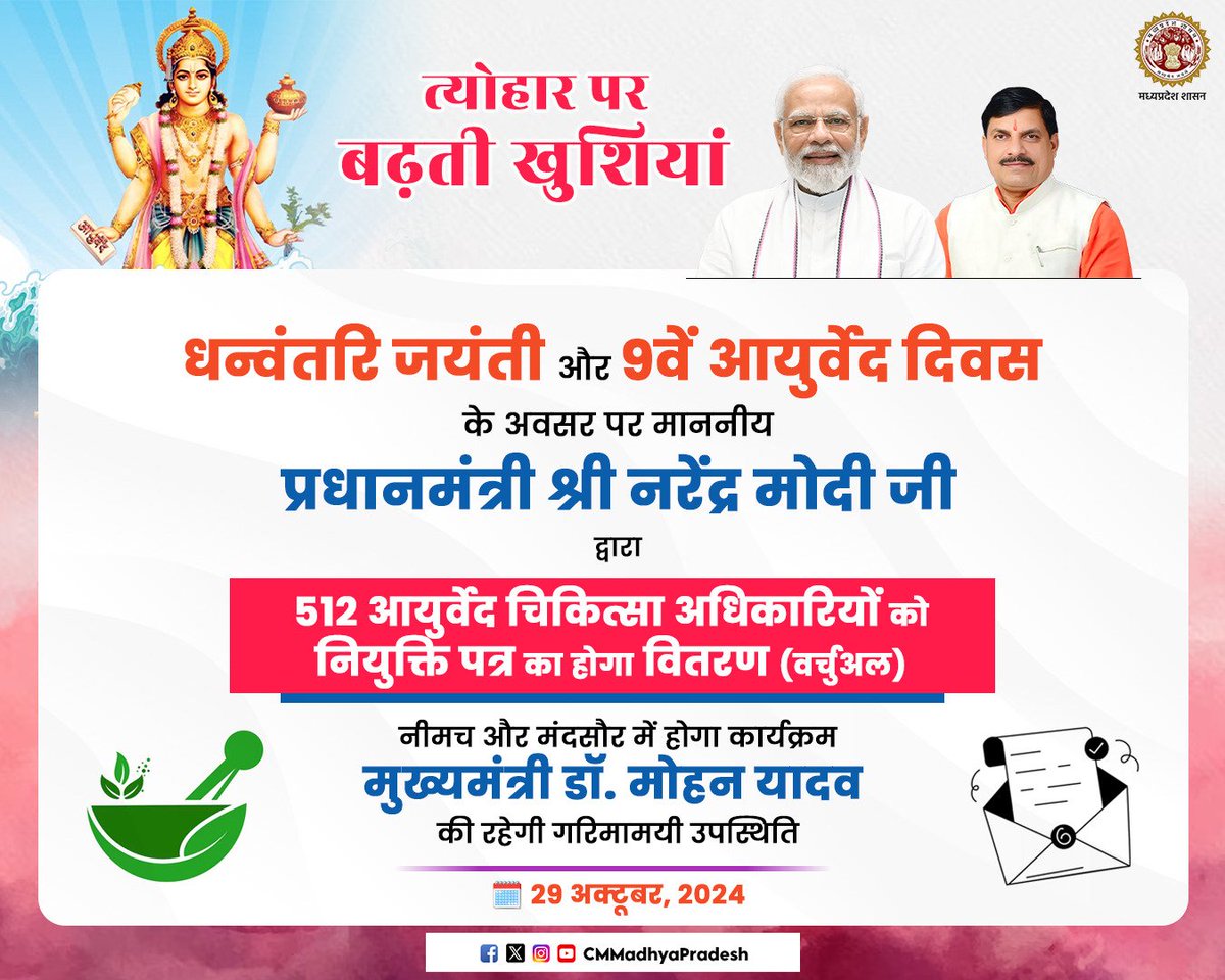 "त्योहार पर बढ़ती खुशियां"

धन्वंतरि जयंती और 9वें आयुर्वेद दिवस के अवसर पर माननीय प्रधानमंत्री श्री <a href="/narendramodi/">Narendra Modi</a> जी द्वारा

▶️ 512 आयुर्वेद चिकित्सा अधिकारियों को
नियुक्ति पत्र का होगा वितरण (वर्चुअल)

▶️ मुख्यमंत्री डॉ. मोहन यादव की रहेगी
गरिमामयी उपस्थिति

🗓️ 29 अक्टूबर, 2024