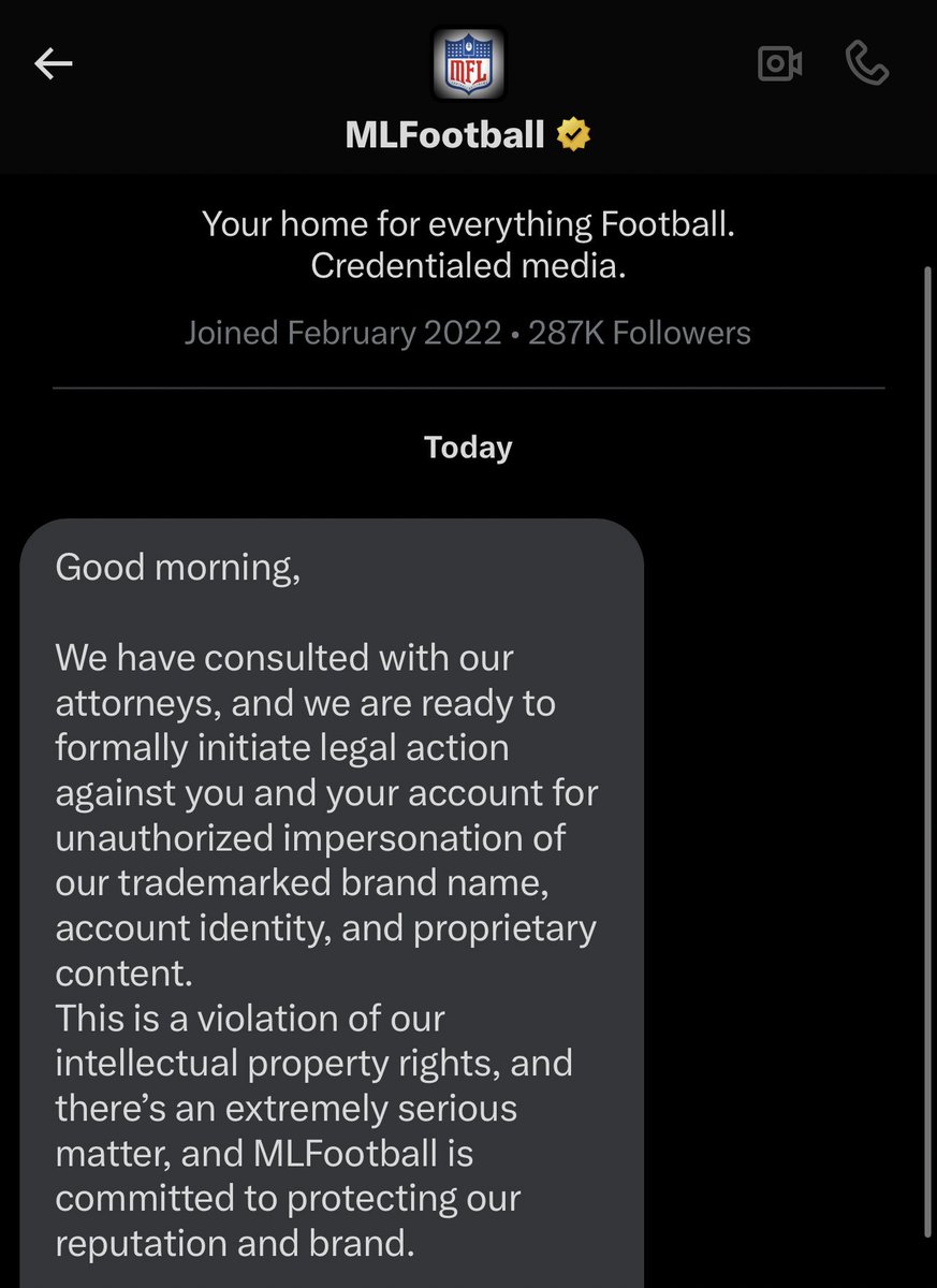 Spark_Picks's tweet photo. Shoutout to @_MLFootball for threatening me with legal action and thinking they trademarked the NFL logo!!! https://t.co/1ZeFviarnT