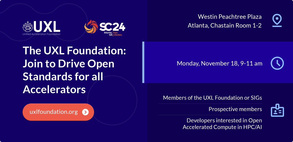 Are you going to #SC24 next month? Interested in the @UXLFoundation and open standards?

The Foundation is hosting a breakfast, and it's open to everyone - whether you're a current member, or just interested in learning more.

Register for free by Nov 4th!
linuxfoundation.regfox.com/uxl-foundation…