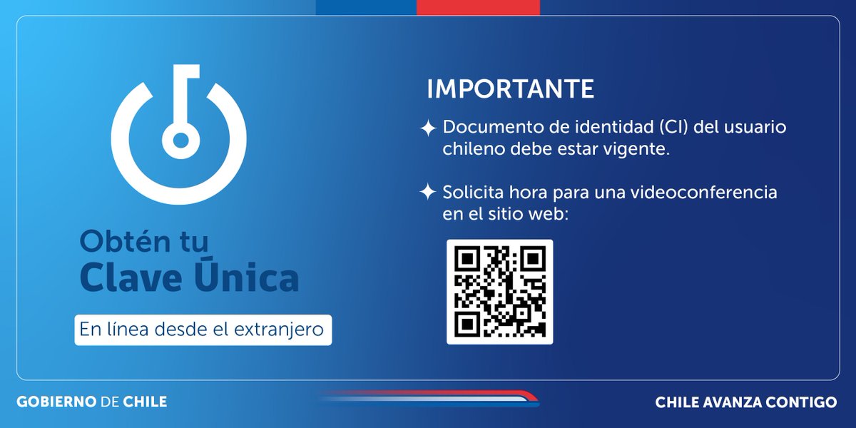 ¿Aún no tienes tu #ClaveUnica?  📲Si eres chilena o chileno residente en otro país,  solicítala  de manera fácil, rápida y segura. 
Agenda tu cita por videoconferencia en codigo.srcei.cl