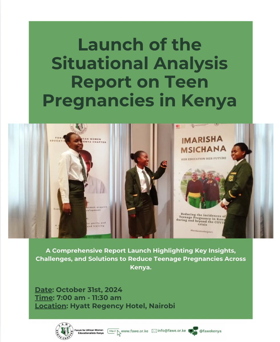fawekenya's tweet photo. FAWE Kenya, in partnership with @MastercardFdn, is launching the Situational Analysis Report on #TeenPregnancy on Oct 31st.

Learn how the Imarisha Msichana program works to #EndTeenPregnancy and #EmpowerGirls across Kenya.

🕖 7:00 am - 11:30 am
📍 Hyatt Regency Hotel, Nairobi https://t.co/HTDIAKQi1F