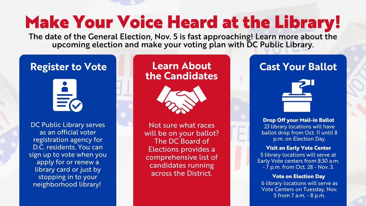 🗳️ Vote at the Library! The General Election on Nov. 5 is just around the corner! Learn more and make your voting plan with DC Public Library today. Every vote counts! bit.ly/4dH3WQ8