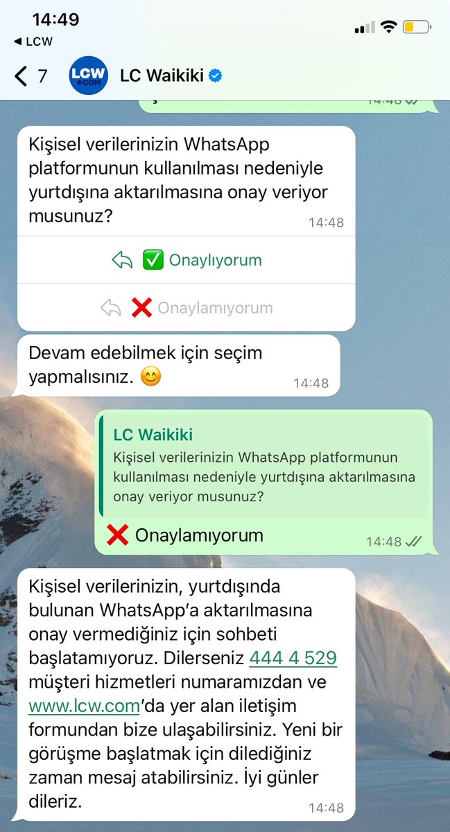 Diyor ki 
Verilerini kullanmama izin vermezsen müşteri hizmetlerini unut
Sipariş verdim 
Gelen kargodan farklı ürün çıkıyor 
İllede sonuna kadar dolandıralım sizi diyorlar 

<a href="/LCWaikiki/">LC Waikiki</a>