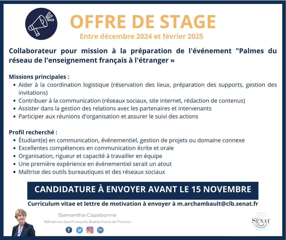 📌Offre de #Stage au #Sénat : Collaborateur pour mission à la préparation de l'événement "Palmes du réseau de l'enseignement français à l'étranger"

samantha-cazebonne.com/single-post/st…