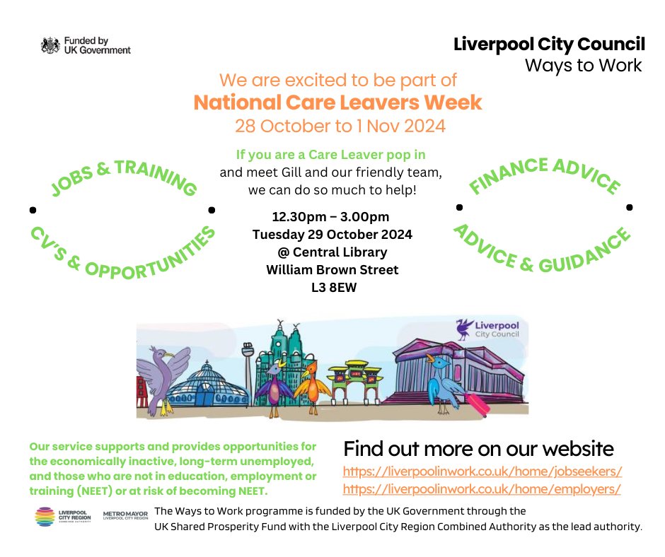 liverpool_als's tweet photo. #NCLW #Careexperienced #WeAreOne - If you are a Care Leaver and considering your next steps, pop in and meet our lovely team. #Employment &amp; #Skills #Support @liverpoolinwork @liverpool_als @Liverpoollib https://t.co/D9CT0Ew0SV