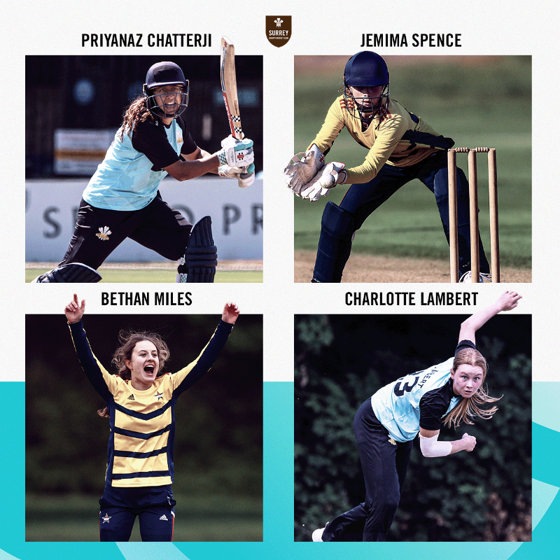 surreycricket's tweet photo. Four sign for Surrey from 2025 ✍️🪶

Priyanaz Chatterji, Charlotte Lambert, Bethan Miles, and Jemima Spence will be wearing Surrey colours next season 👏

This move brings the number of players contracted by the Three Feathers for next year to 18!

🤎 | #SurreyCricket