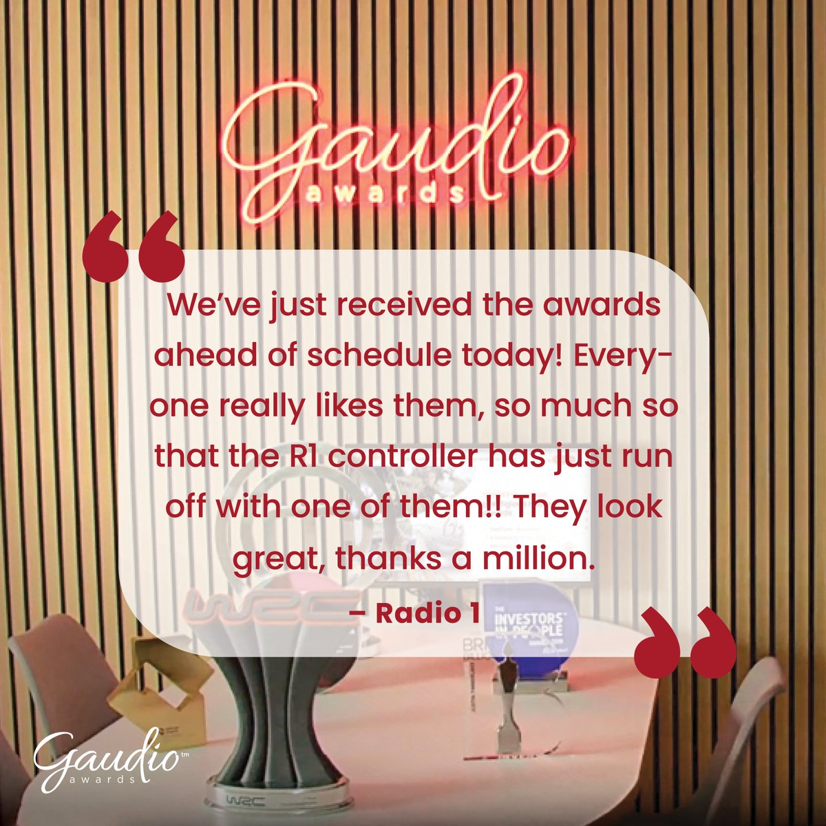 "We’ve just received the awards ahead of schedule today! Everyone really likes them, so much so that the R1 controller has just run off with one of them! They look great, thanks a million." - BBC Radio 1

#BespokeAwards #EventProfsUK #happycustomer #customerfeedback